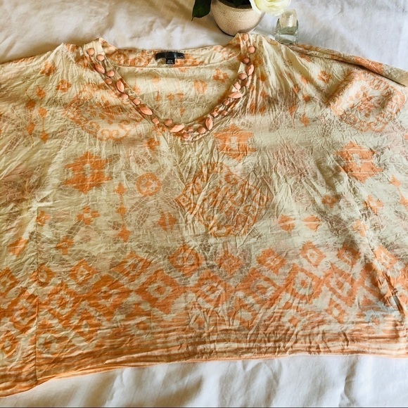 Forever 21 Top Silk Ivory and Coral Beaded Kimono Sleeve Deep Vneck Cover Up - Picture 8 of 12